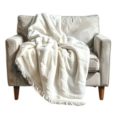 Soft white blanket draped over a comfortable armchair.