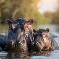 Fototapeta premium Two hippos emerge from water, sunlight streams through trees