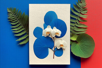 Contemporary flat lay composition with white orchids, green fern leaves, and blue tropical leaf shapes on a red and blue background. 