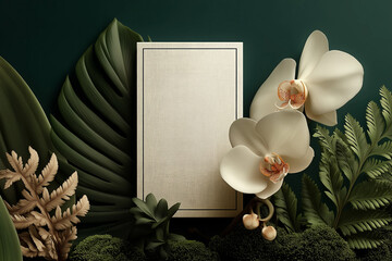 Luxurious botanical composition with white orchid flowers, tropical green leaves, and golden beige frame background. Perfect for elegant invitations, spa branding, nature-inspired designs, and minimal