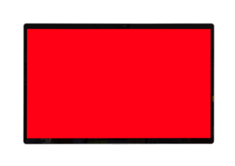 Modern horizontal digital screen, resembling a monitor or large tablet with sleek thin black bezel. Entire display area is filled with soli vibrant bright red color and copy space