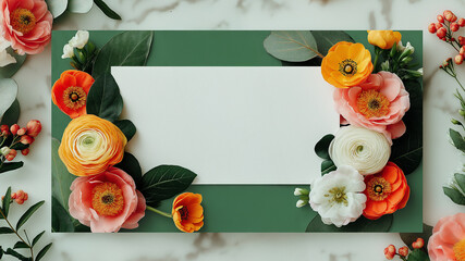 Modern floral paper frame design with vibrant flowers in orange, yellow, pink, and white tones, surrounded by green leaves on marble background.