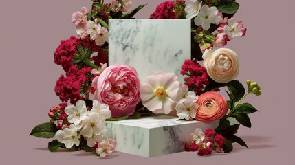Elegant floral composition with pink, white, and coral flowers arranged around marble podium blocks on a pastel mauve background.