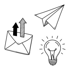Hand drawn doodle set of paper plane envelope and light bulb for communication and idea concept