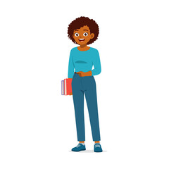 Smiling African American Woman Standing Holding Books in Casual Blue Outfit Illustration