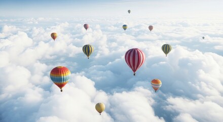 Obraz premium Majestic hot air balloons ascend gracefully through a sea of ethereal white clouds on a bright clear day
