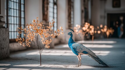 Majestic Peacock Standing In Bright Hallway With Golden Decorative Plants And Large Windows Letting In Warm Natural Sunlight
