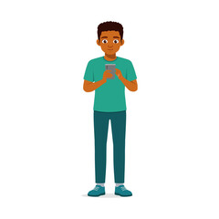 African American boy using mobile phone with happy expression full body illustration