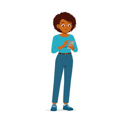 African woman standing using smartphone casually with happy expression in full body illustration