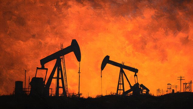 Silhouette of two oil pump jacks operating against a dramatic fiery orange and red sky at dusk industrial energy production landscape