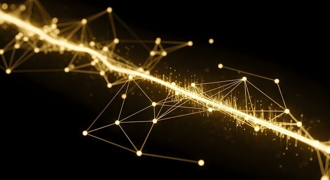 A luminous stream of golden energy particles forming a complex digital network structure on a black background.
