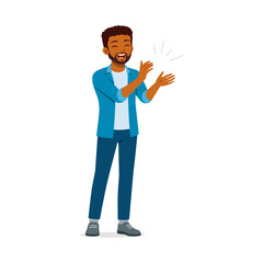 African American Man Clapping Hands Smiling and Cheerful Wearing Blue Shirt and Dark Blue Pants
