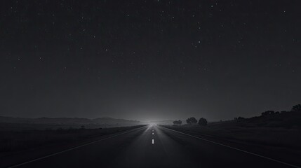 Fototapeta premium Empty highway stretches into a starlit night. A beam of light illuminates the road ahead, leading into the vast unknown