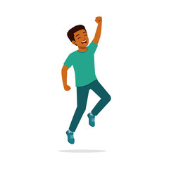 Cheerful African American Boy Jumping with Joy Raising Arm Celebrating Success