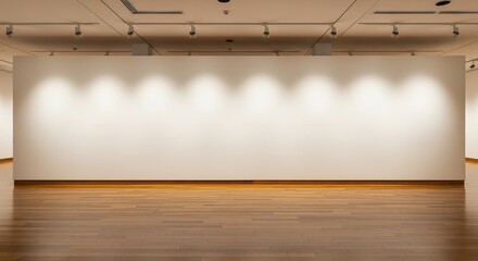 Empty art gallery exhibition space with spotlights and hardwood floor