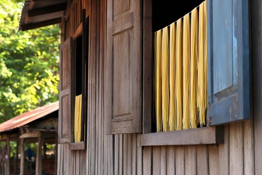 Traditional wooden house with yellow noodles hanging from the window, surrounded by lush greenery