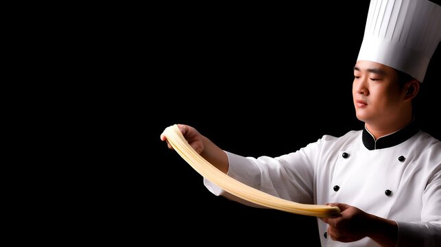 Chef skillfully stretches dough in a dark kitchen, showcasing culinary expertise and artistry