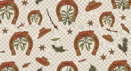 A charming rustic Christmas seamless pattern featuring festive horseshoes adorned with mistletoe, cowboy hats, and stars, perfect for holiday designs.