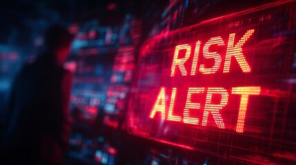 A dramatic digital display showing 'RISK ALERT' in bright red against a high-tech background.