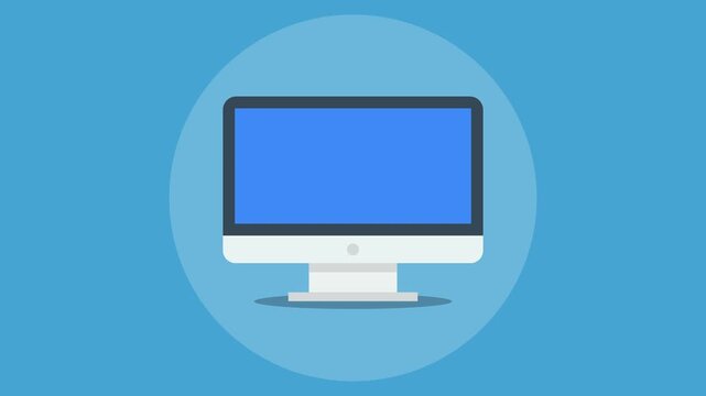 A minimalist animation of a desktop computer monitor with a solid blue screen, set against a circular blue background. Simple flat design graphic representing technology, digital communication