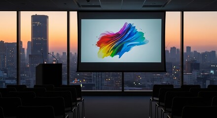 Modern conference room with colorful abstract art on projector screen overlooking city skyline at sunset