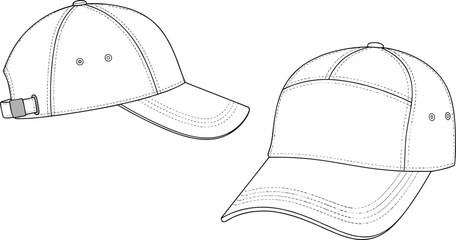 Baseball cap technical flat sketch, front and side view CAD drawing, vector fashion design, adjustable hat template, apparel illustration, sportswear design