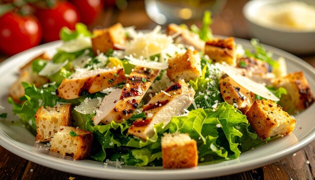 Chicken Caesar salad with croutons and parmesan cheese on a white plate.