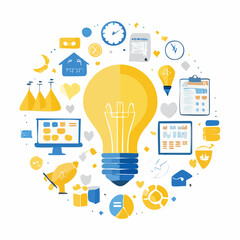 Creative concept illustration bright lightbulb and various icons composition