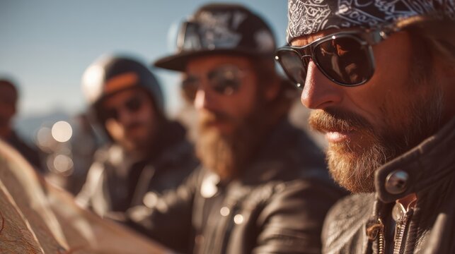 Cruiser chopper riders planning route together open landscape map discussion adventurous journey vibrant environment