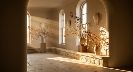 Sunlight streaming through arched windows illuminating an ornate interior hallway