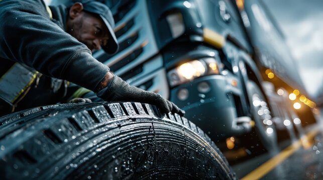 Truck driver performing tire pressure adjustment on a rainy road industrial scene close-up perspective for maintenance tips