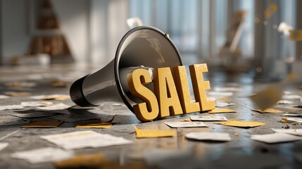 Exciting sale event megaphone on floor with sale signs and scattered papers modern retail space dynamic perspective