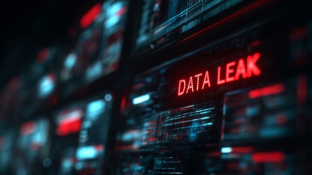 A digital representation of a data leak warning, featuring glowing red text against a dark, high-tech background.