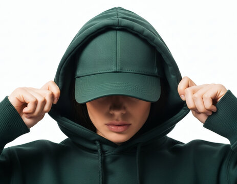 Plain Green Hoodie & Cap Mockup on Female Model