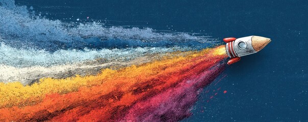 Rocket illustration with colorful trails in a whimsical and creative style
