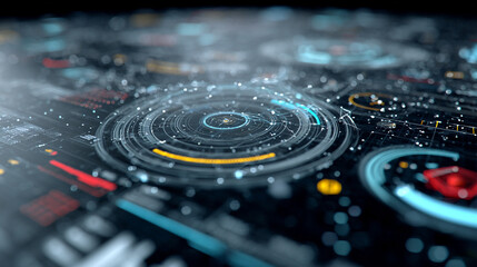 A floating abstract tech interface panel, hyperrealistic and luminous, showcasing futuristic digital controls, holographic elements, and sleek modern design.