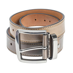 Leather belt with metal buckle on a black background.