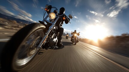 Three friends riding cruiser motorcycles at sunset on open road dynamic action scenic landscape adventure vibes