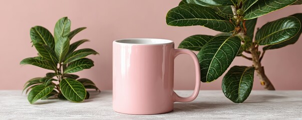 Pink mug on a white table with green plants and pastel background