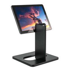 Tablet device on a modern black stand displays a colorful sunset sky.