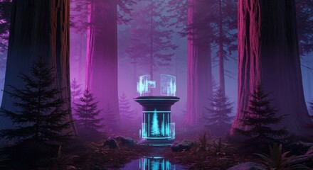Mystical holographic device activates within an ethereal forest bathed in vibrant neon lights and tall ancient trees creating a surreal futuristic landscape