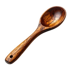 Wooden spoon with textured handle on black background.