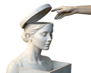 Opening Minds Conceptual Art with Sculptural Female Figure and Symbolic Gesture of Knowledge Transfer