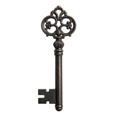 Ornate antique key with intricate scrollwork stands against black.
