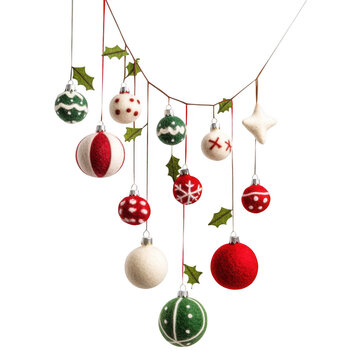 Hanging christmas ornaments decoration with holly leaves and berries png image for holiday season celebrations, isolated on transparent background
