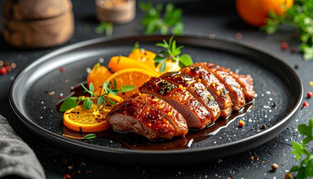 Gourmet roasted duck breast sliced and served with fresh oranges and herbs on a black plate.