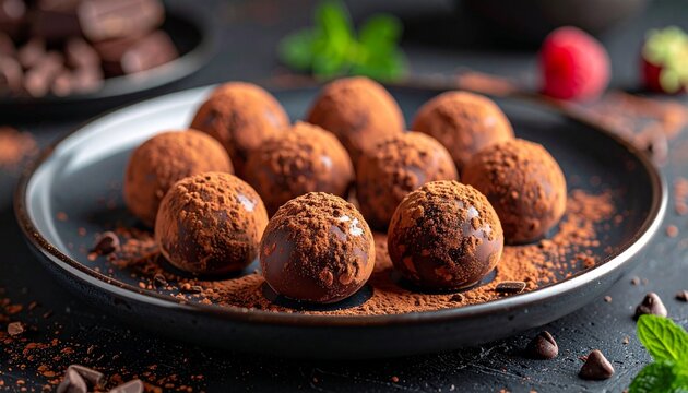 A dark plate of delicious chocolate truffles generously dusted with cocoa powder, with mint and raspberries in the background.