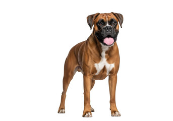 Full body boxer dog portrait, standing, tongue out, cute pet animal, canine breed, isolated on transparent background