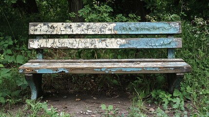 Rustic weathered park bench invites quiet reflection amidst lush greenery, perfect for nostalgic designs or serene outdoor settings, evoking peaceful escape