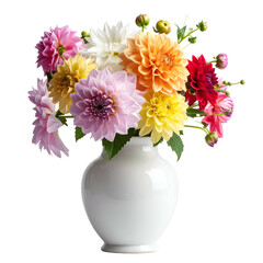 Colorful dahlias arranged in a white ceramic vase against a black background.